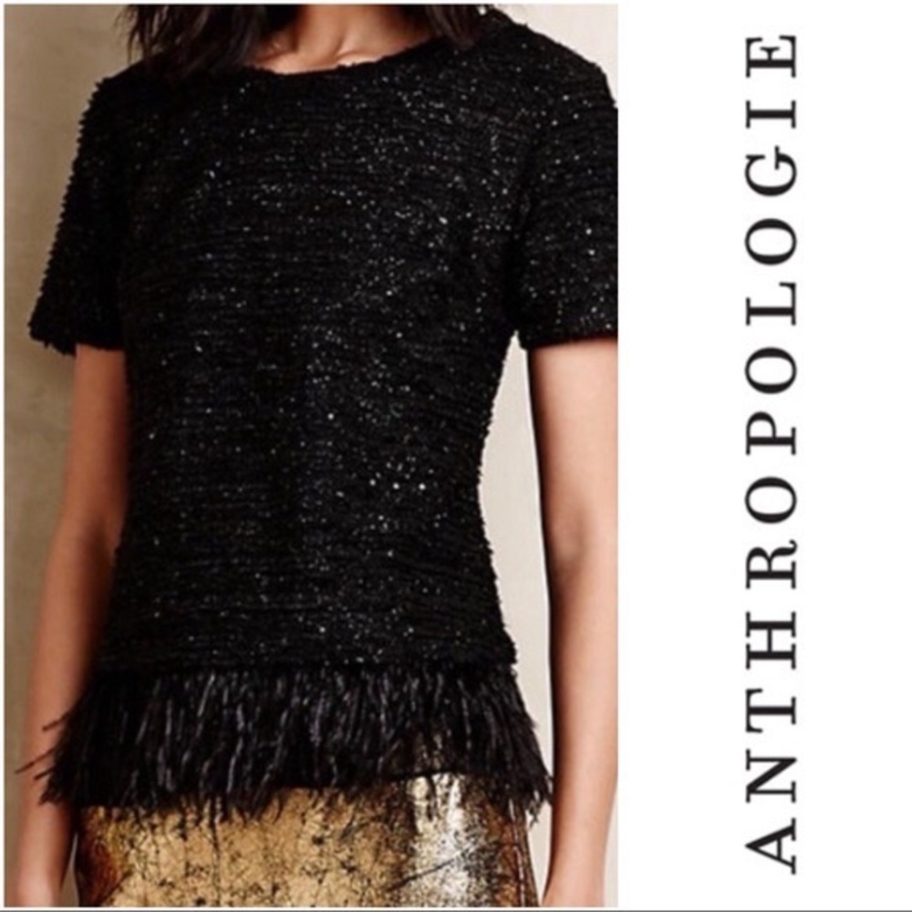 Deletta (Anthropologie) black ostrich and sequin top, size S